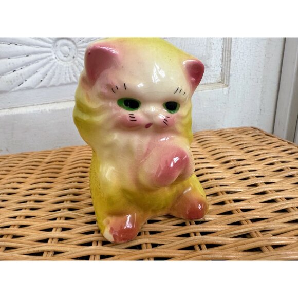 Vintage 50's Yellow Ceramic Cat Kitten Planter Pot Vase Kitsch Retro - Picture 7 of 14